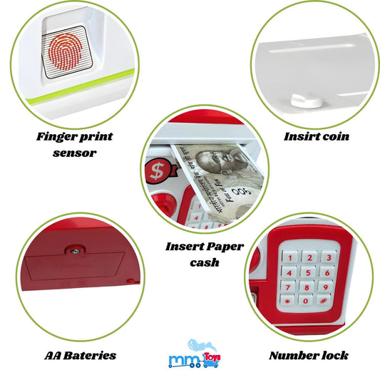 Kids ATM piggy bank with biometric fingerprint security - digital coin bank