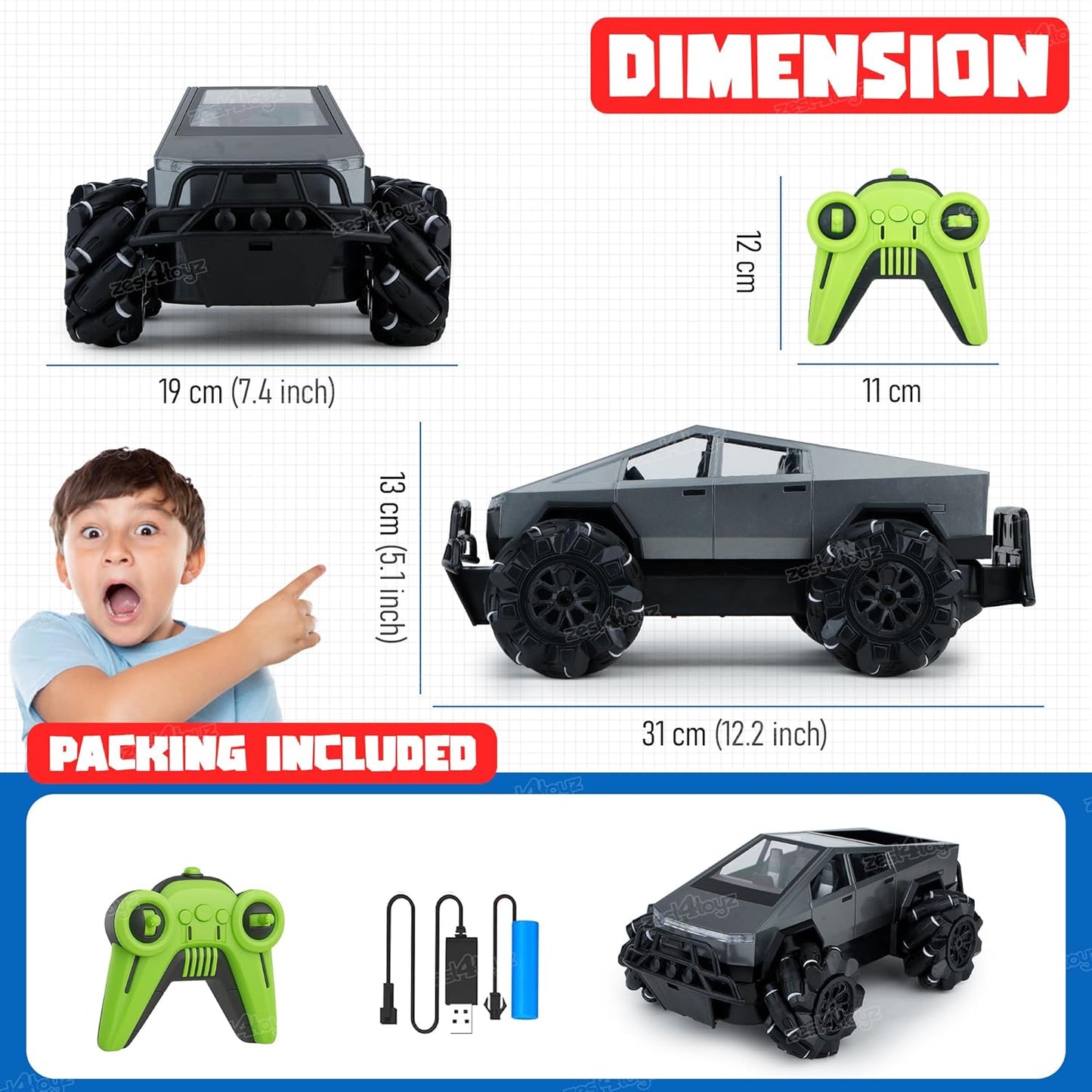 RC Truck for Kids 1:12 4x4 with LED Lights