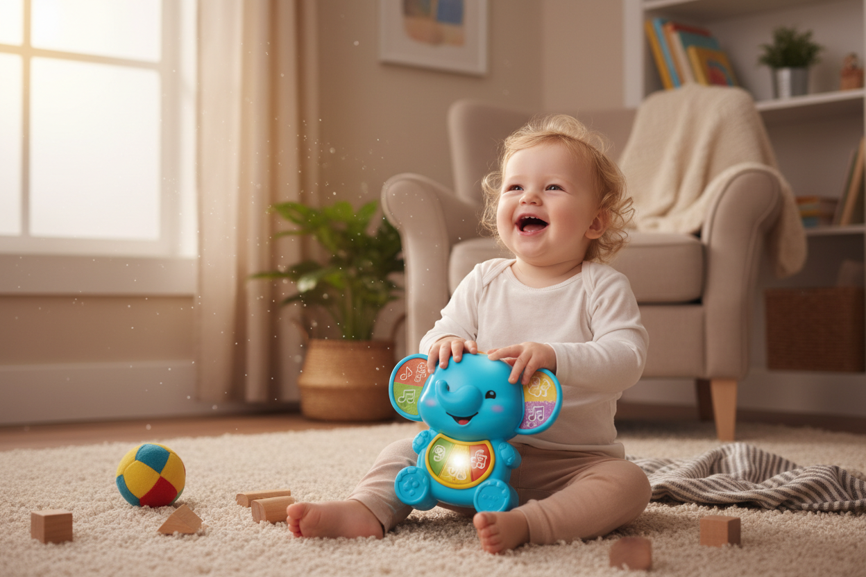 Baby Playing with Elephant Musical Toy