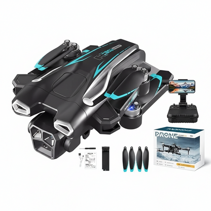 H35 drone product set - black and teal foldable drone with dual HD cameras, remote control with phone holder, and protective carrying case