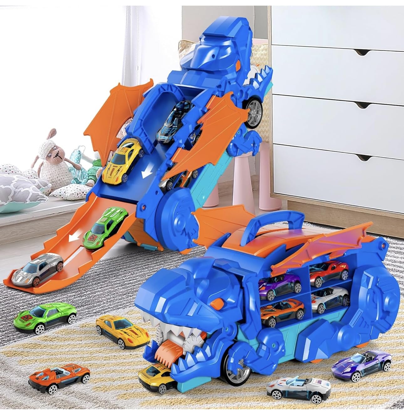 Large dinosaur truck carrier toy set - 16 mini vehicles for children 3-6 years