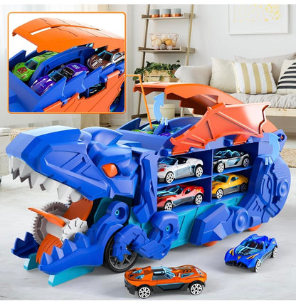 Kids dinosaur transport truck toy set - includes 16 colorful toy cars