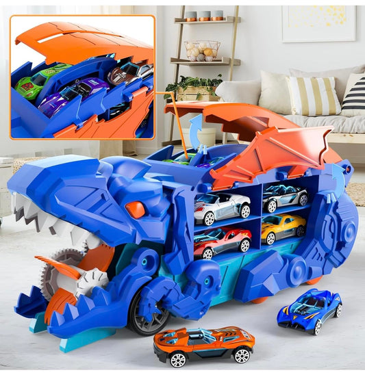 Kids dinosaur transport truck toy set - includes 16 colorful toy cars