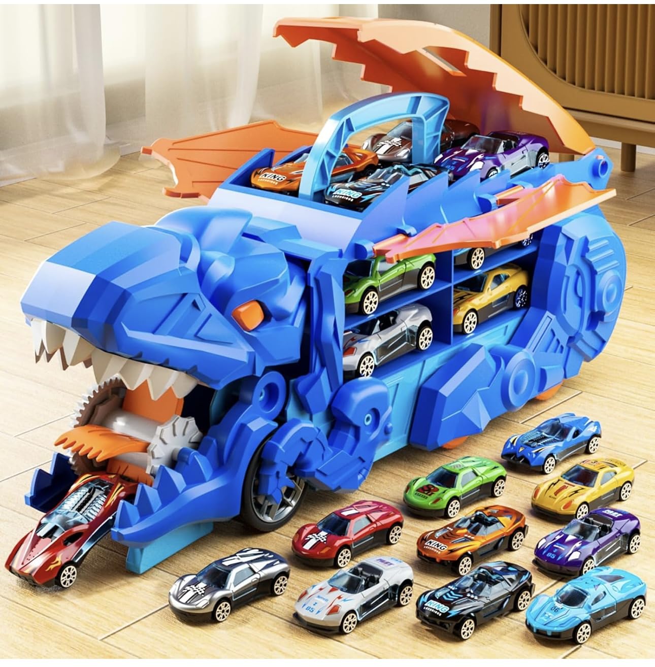 Dinosaur truck toy carrier with 16 mini cars for kids ages 3-6 years