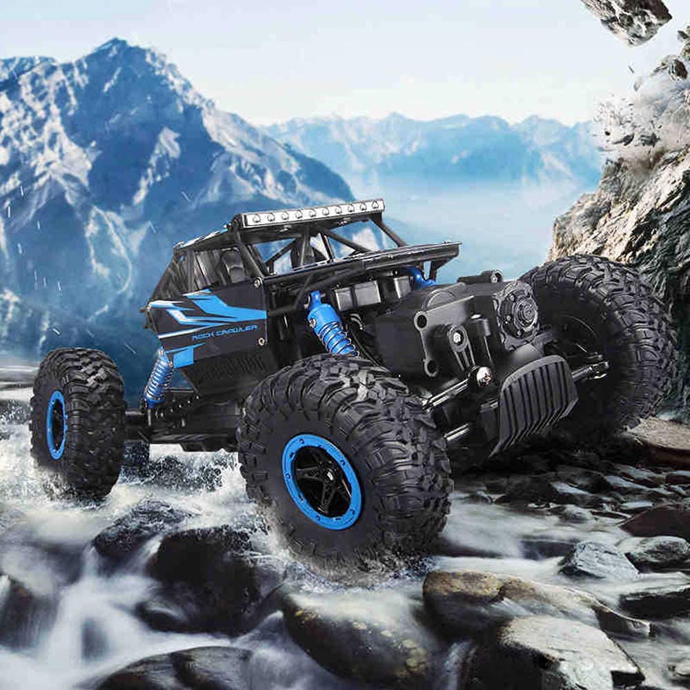 Kids playing with RC rock crawler car outdoor adventure