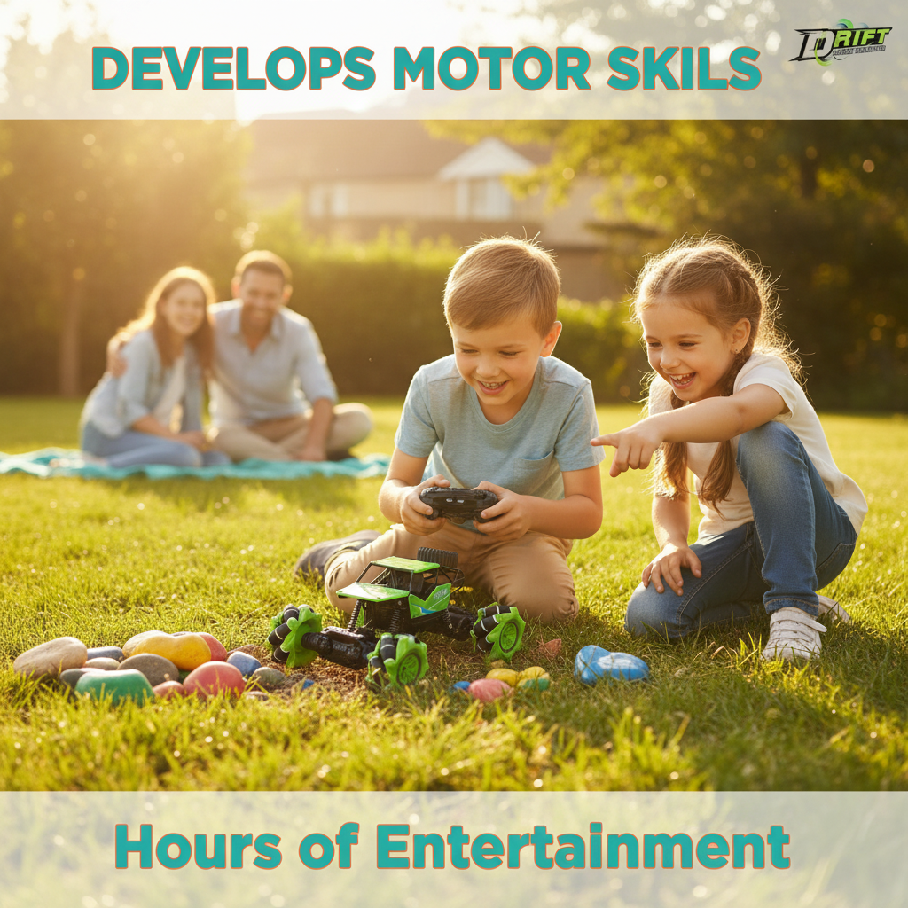 RC rock crawler performing 360 degree drift spin stunt - remote control off-road truck amazing rotation capability for kids