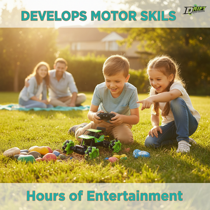 RC rock crawler performing 360 degree drift spin stunt - remote control off-road truck amazing rotation capability for kids