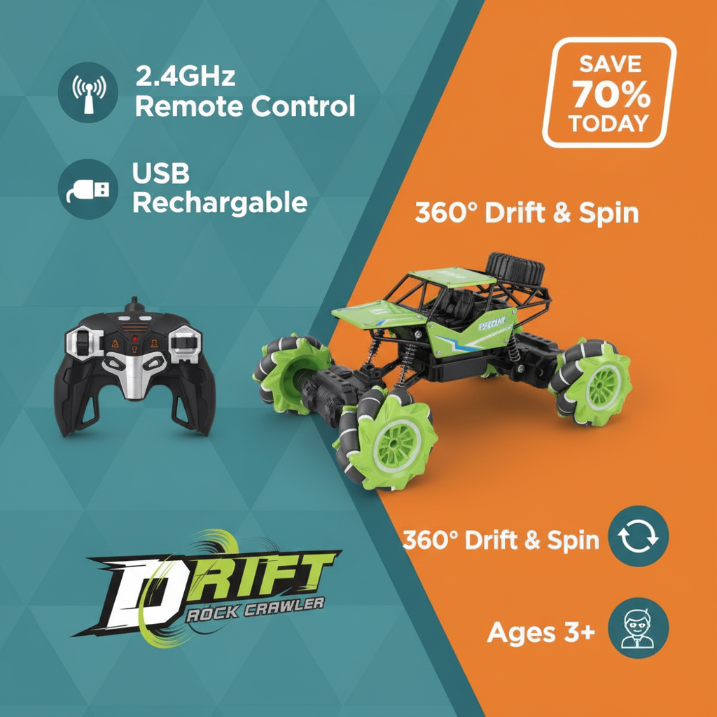 RC rock crawler features 2.4GHz remote control USB rechargeable battery 360 degree drift and spin capability for kids 3 years and up - save 70% on premium toy truck