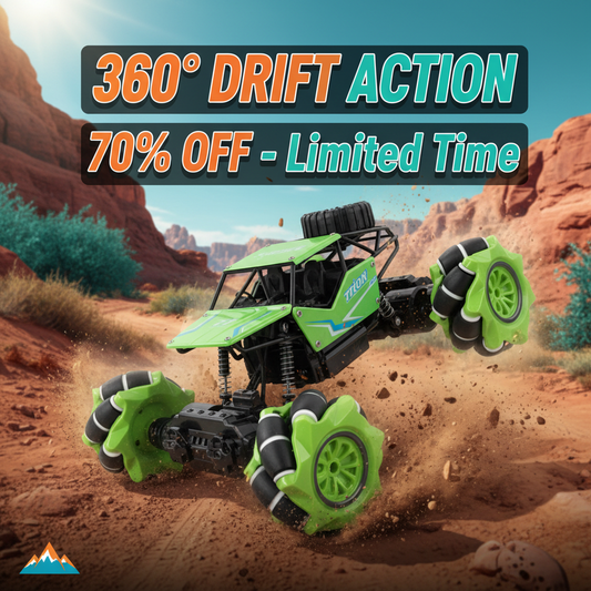 RC rock crawler 360 degree drift car remote control truck for kids ages 3+ with 70% off discount sale - premium rechargeable off-road toy vehicle